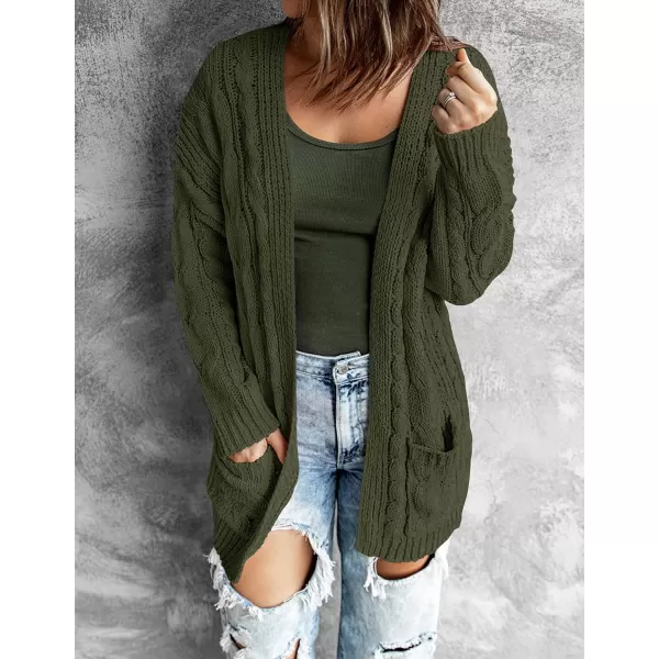 imageZESICA Womens 2023 Fall Winter Chunky Cable Knit Open Front Sweater Long Sleeve Casual Loose Cardigan Outerwear CoatsArmygreen