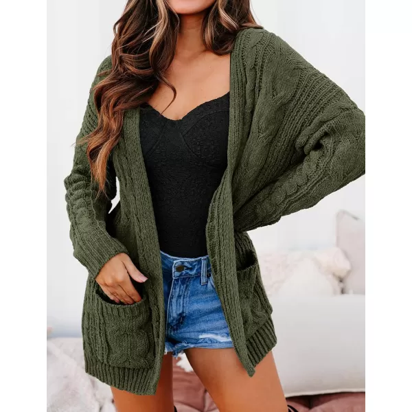 imageZESICA Womens 2023 Fall Winter Chunky Cable Knit Open Front Sweater Long Sleeve Casual Loose Cardigan Outerwear CoatsArmygreen