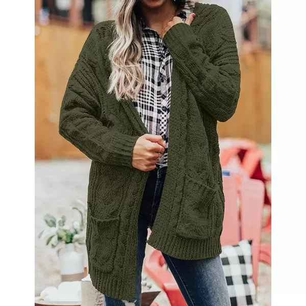 imageZESICA Womens 2023 Fall Winter Chunky Cable Knit Open Front Sweater Long Sleeve Casual Loose Cardigan Outerwear CoatsArmygreen