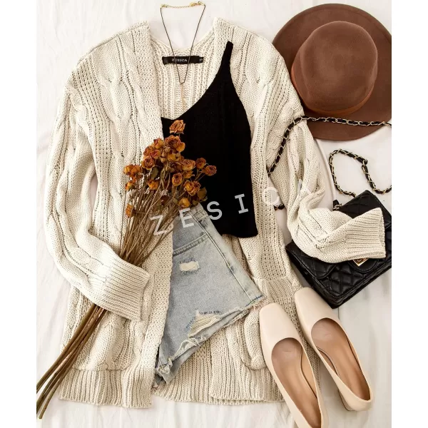 imageZESICA Womens 2023 Fall Winter Chunky Cable Knit Open Front Sweater Long Sleeve Casual Loose Cardigan Outerwear CoatsBeige