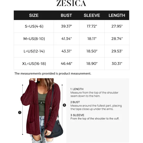 imageZESICA Womens 2023 Fall Winter Chunky Cable Knit Open Front Sweater Long Sleeve Casual Loose Cardigan Outerwear CoatsBurgundy