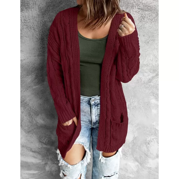 imageZESICA Womens 2023 Fall Winter Chunky Cable Knit Open Front Sweater Long Sleeve Casual Loose Cardigan Outerwear CoatsBurgundy