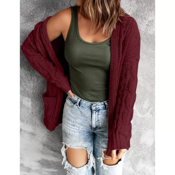 imageZESICA Womens 2023 Fall Winter Chunky Cable Knit Open Front Sweater Long Sleeve Casual Loose Cardigan Outerwear CoatsBurgundy