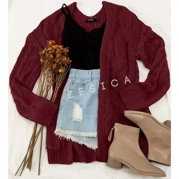 imageZESICA Womens 2023 Fall Winter Chunky Cable Knit Open Front Sweater Long Sleeve Casual Loose Cardigan Outerwear CoatsBurgundy