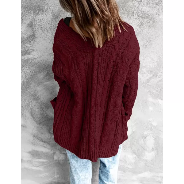 imageZESICA Womens 2023 Fall Winter Chunky Cable Knit Open Front Sweater Long Sleeve Casual Loose Cardigan Outerwear CoatsBurgundy
