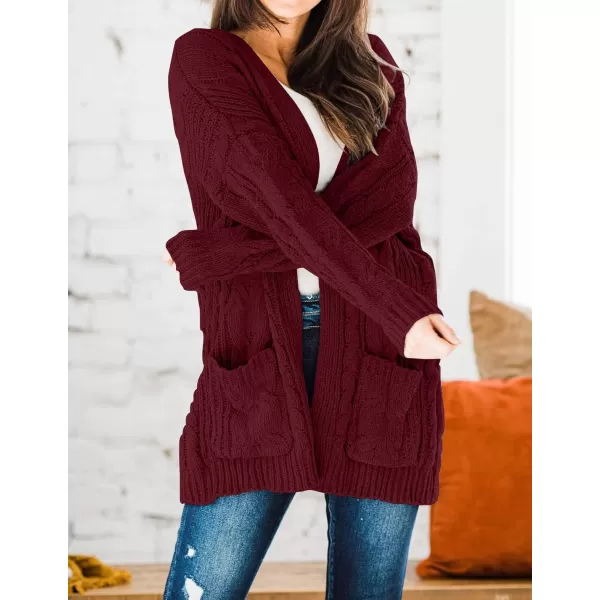 imageZESICA Womens 2023 Fall Winter Chunky Cable Knit Open Front Sweater Long Sleeve Casual Loose Cardigan Outerwear CoatsBurgundy
