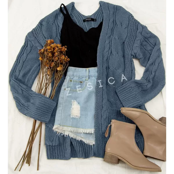 imageZESICA Womens 2023 Fall Winter Chunky Cable Knit Open Front Sweater Long Sleeve Casual Loose Cardigan Outerwear CoatsDustyblue