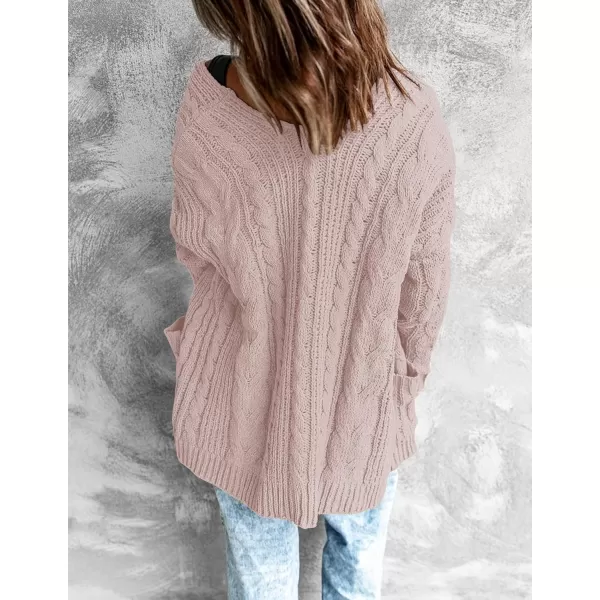 imageZESICA Womens 2023 Fall Winter Chunky Cable Knit Open Front Sweater Long Sleeve Casual Loose Cardigan Outerwear CoatsDustypink