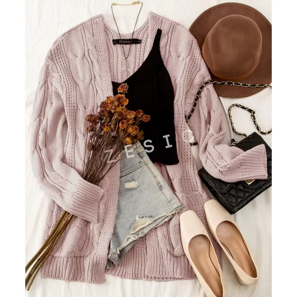 imageZESICA Womens 2023 Fall Winter Chunky Cable Knit Open Front Sweater Long Sleeve Casual Loose Cardigan Outerwear CoatsDustypink