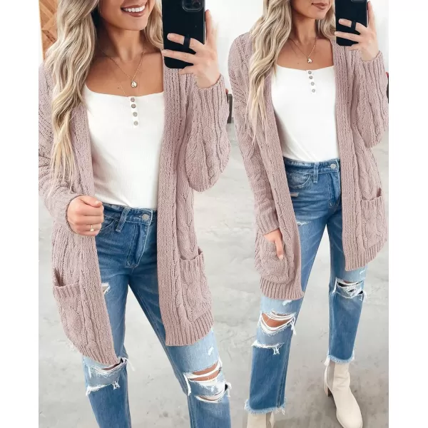 imageZESICA Womens 2023 Fall Winter Chunky Cable Knit Open Front Sweater Long Sleeve Casual Loose Cardigan Outerwear CoatsDustypink