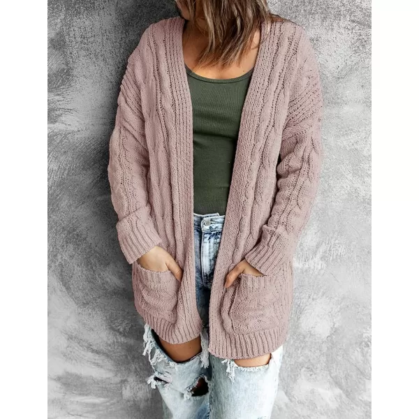 imageZESICA Womens 2023 Fall Winter Chunky Cable Knit Open Front Sweater Long Sleeve Casual Loose Cardigan Outerwear CoatsDustypink