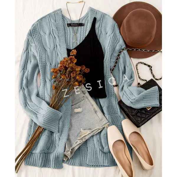 imageZESICA Womens 2023 Fall Winter Chunky Cable Knit Open Front Sweater Long Sleeve Casual Loose Cardigan Outerwear CoatsLake