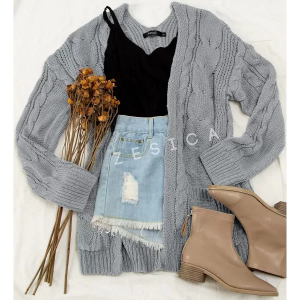 imageZESICA Womens 2023 Fall Winter Chunky Cable Knit Open Front Sweater Long Sleeve Casual Loose Cardigan Outerwear CoatsLightgrey