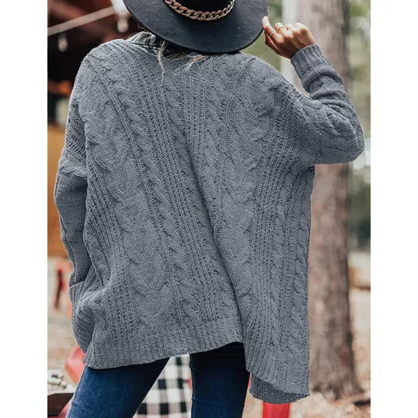 imageZESICA Womens 2023 Fall Winter Chunky Cable Knit Open Front Sweater Long Sleeve Casual Loose Cardigan Outerwear CoatsLightgrey