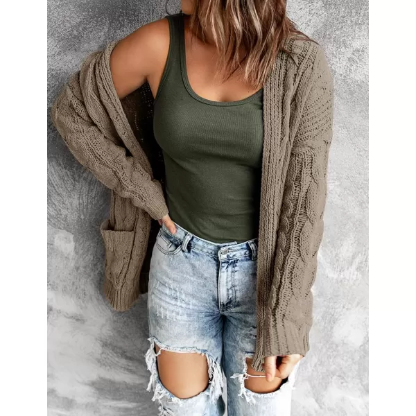 imageZESICA Womens 2023 Fall Winter Chunky Cable Knit Open Front Sweater Long Sleeve Casual Loose Cardigan Outerwear CoatsMocha
