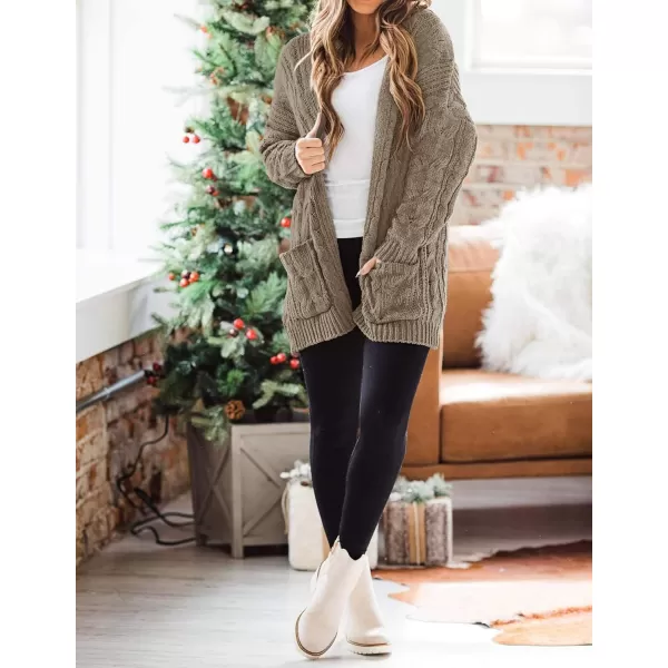 imageZESICA Womens 2023 Fall Winter Chunky Cable Knit Open Front Sweater Long Sleeve Casual Loose Cardigan Outerwear CoatsMocha