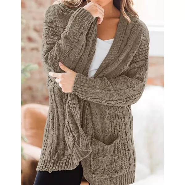 imageZESICA Womens 2023 Fall Winter Chunky Cable Knit Open Front Sweater Long Sleeve Casual Loose Cardigan Outerwear CoatsMocha
