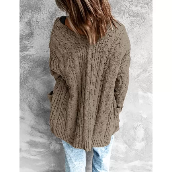 imageZESICA Womens 2023 Fall Winter Chunky Cable Knit Open Front Sweater Long Sleeve Casual Loose Cardigan Outerwear CoatsMocha