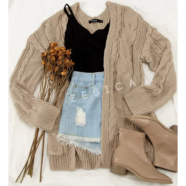 imageZESICA Womens 2023 Fall Winter Chunky Cable Knit Open Front Sweater Long Sleeve Casual Loose Cardigan Outerwear CoatsMocha