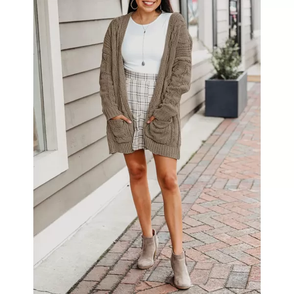 imageZESICA Womens 2023 Fall Winter Chunky Cable Knit Open Front Sweater Long Sleeve Casual Loose Cardigan Outerwear CoatsMocha