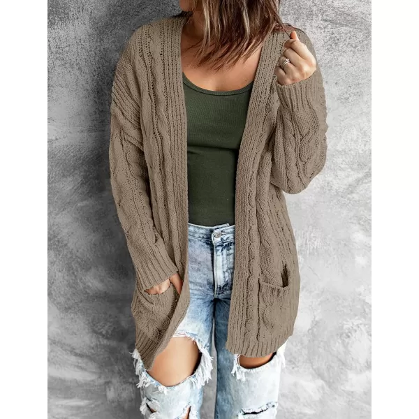 imageZESICA Womens 2023 Fall Winter Chunky Cable Knit Open Front Sweater Long Sleeve Casual Loose Cardigan Outerwear CoatsMocha