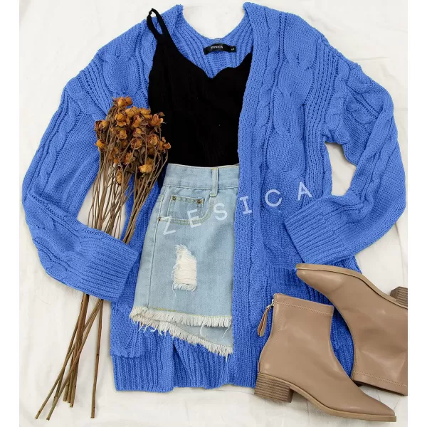 imageZESICA Womens 2023 Fall Winter Chunky Cable Knit Open Front Sweater Long Sleeve Casual Loose Cardigan Outerwear CoatsRoyalblue