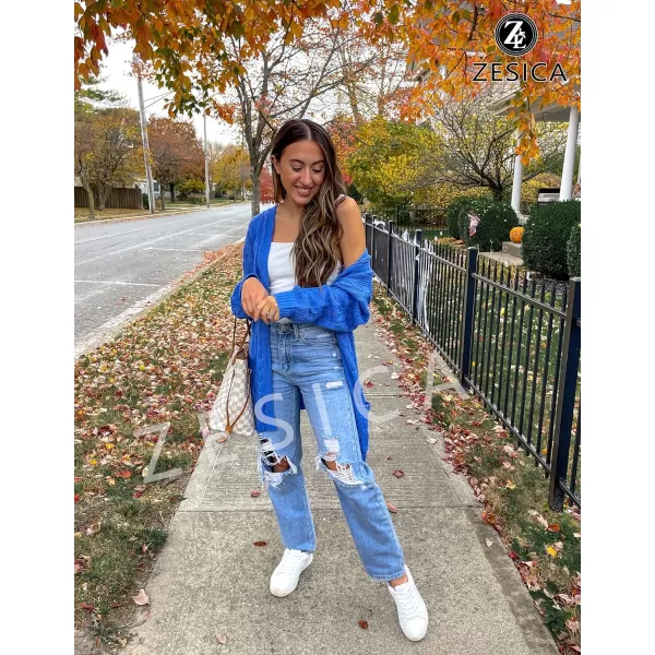 imageZESICA Womens 2023 Fall Winter Chunky Cable Knit Open Front Sweater Long Sleeve Casual Loose Cardigan Outerwear CoatsRoyalblue