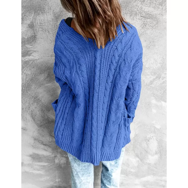 imageZESICA Womens 2023 Fall Winter Chunky Cable Knit Open Front Sweater Long Sleeve Casual Loose Cardigan Outerwear CoatsRoyalblue