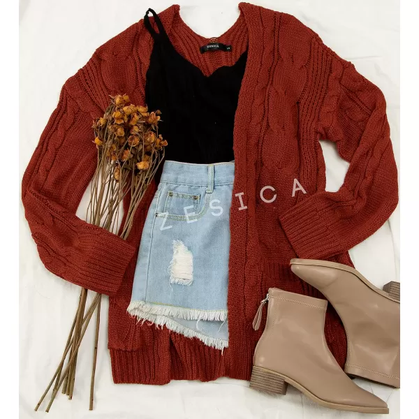 imageZESICA Womens 2023 Fall Winter Chunky Cable Knit Open Front Sweater Long Sleeve Casual Loose Cardigan Outerwear CoatsRustred