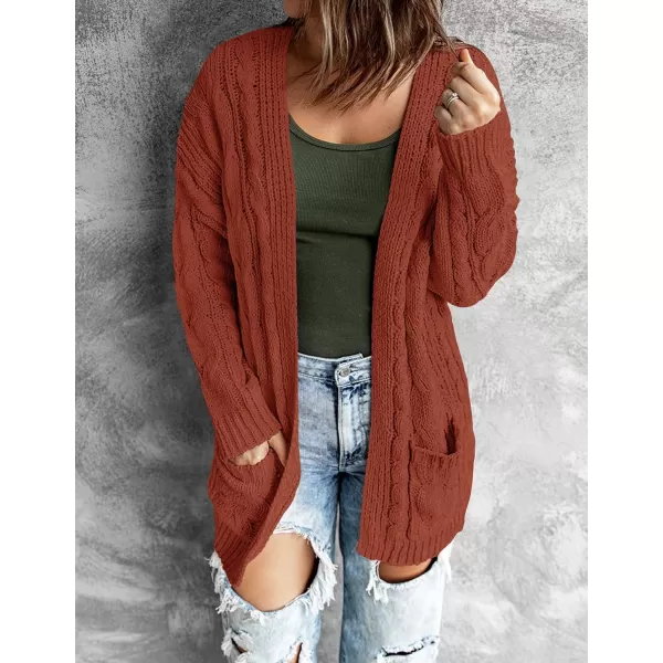 imageZESICA Womens 2023 Fall Winter Chunky Cable Knit Open Front Sweater Long Sleeve Casual Loose Cardigan Outerwear CoatsRustred