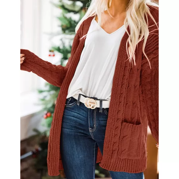 imageZESICA Womens 2023 Fall Winter Chunky Cable Knit Open Front Sweater Long Sleeve Casual Loose Cardigan Outerwear CoatsRustred