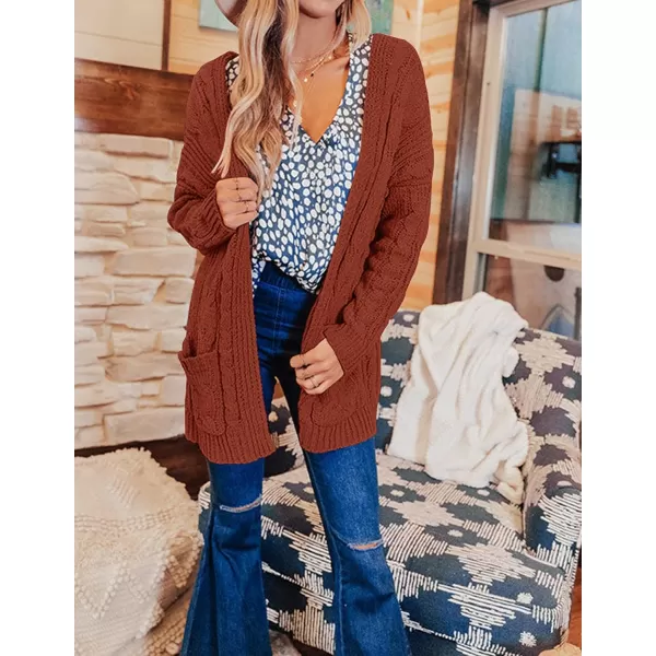 imageZESICA Womens 2023 Fall Winter Chunky Cable Knit Open Front Sweater Long Sleeve Casual Loose Cardigan Outerwear CoatsRustred