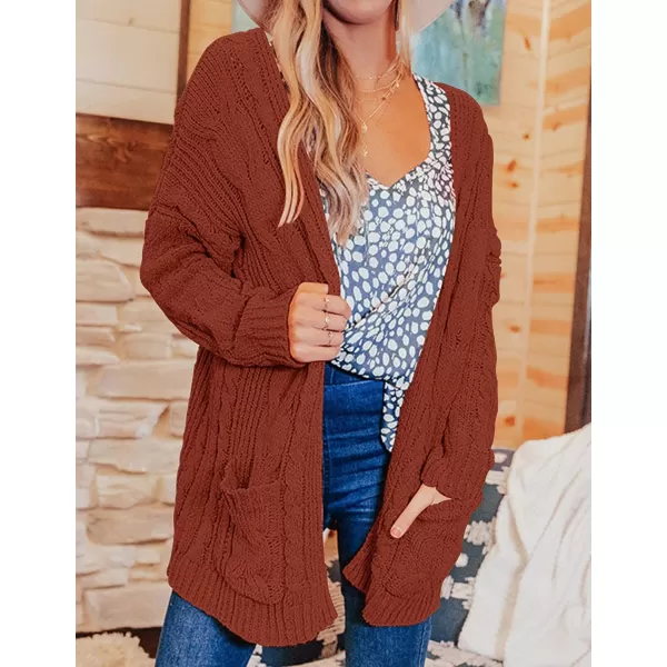 imageZESICA Womens 2023 Fall Winter Chunky Cable Knit Open Front Sweater Long Sleeve Casual Loose Cardigan Outerwear CoatsRustred
