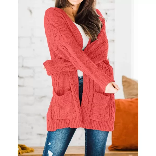 imageZESICA Womens 2023 Fall Winter Chunky Cable Knit Open Front Sweater Long Sleeve Casual Loose Cardigan Outerwear CoatsWatermelon