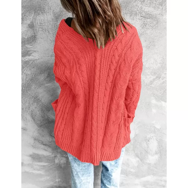 imageZESICA Womens 2023 Fall Winter Chunky Cable Knit Open Front Sweater Long Sleeve Casual Loose Cardigan Outerwear CoatsWatermelon