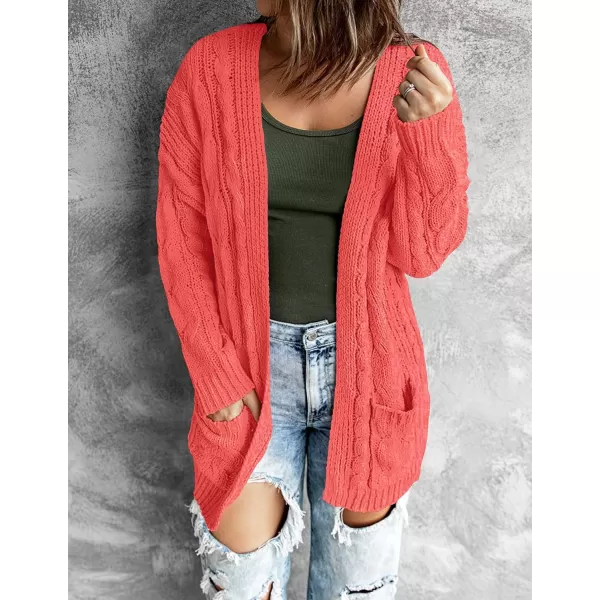 imageZESICA Womens 2023 Fall Winter Chunky Cable Knit Open Front Sweater Long Sleeve Casual Loose Cardigan Outerwear CoatsWatermelon