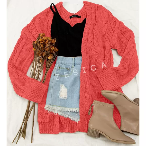 imageZESICA Womens 2023 Fall Winter Chunky Cable Knit Open Front Sweater Long Sleeve Casual Loose Cardigan Outerwear CoatsWatermelon
