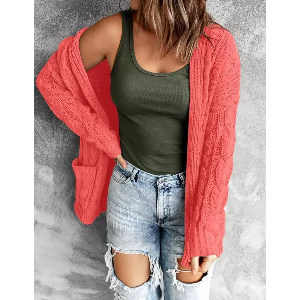 imageZESICA Womens 2023 Fall Winter Chunky Cable Knit Open Front Sweater Long Sleeve Casual Loose Cardigan Outerwear CoatsWatermelon