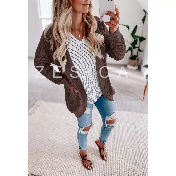 imageZESICA Womens 2023 Fall Winter Long Sleeve Open Front Casual Lightweight Soft Knit Cardigan Sweater OuterwearCoffee