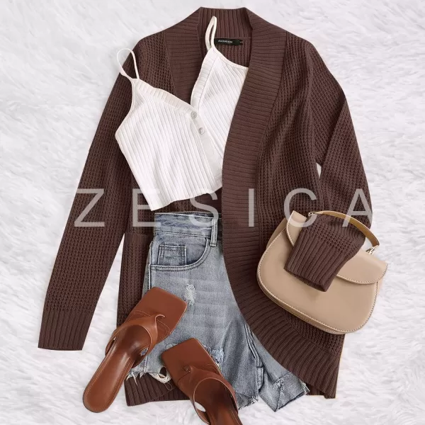 imageZESICA Womens 2023 Fall Winter Long Sleeve Open Front Casual Lightweight Soft Knit Cardigan Sweater OuterwearCoffee