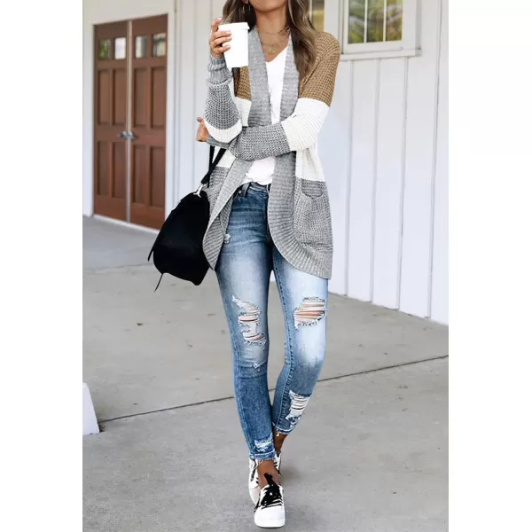 imageZESICA Womens 2023 Fall Winter Long Sleeve Open Front Casual Lightweight Soft Knit Cardigan Sweater OuterwearContrastkhaki