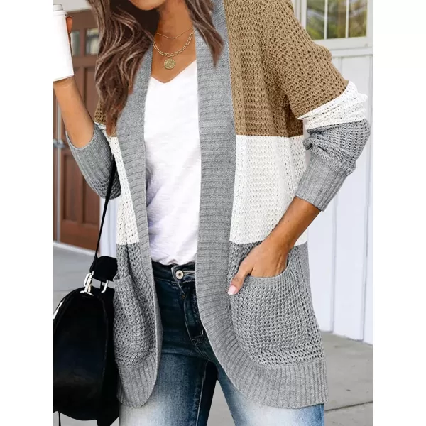 imageZESICA Womens 2023 Fall Winter Long Sleeve Open Front Casual Lightweight Soft Knit Cardigan Sweater OuterwearContrastkhaki