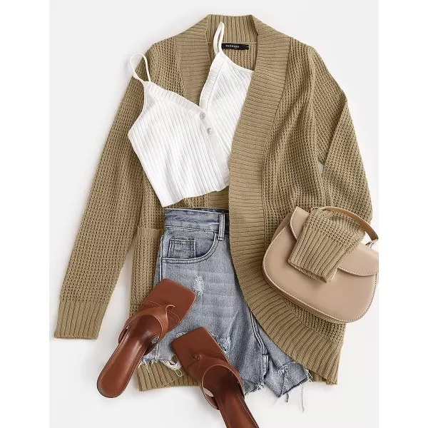 imageZESICA Womens 2023 Fall Winter Long Sleeve Open Front Casual Lightweight Soft Knit Cardigan Sweater OuterwearLightkhaki