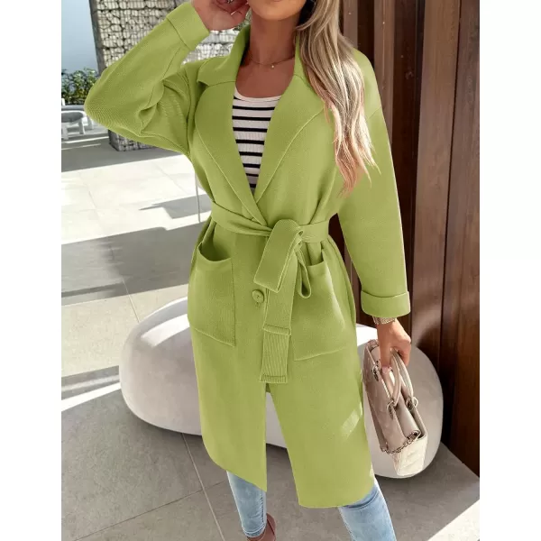 imageZESICA Womens 2023 Fall Winter Long Sleeve Open Front Knit Cardigan Lapel Button Down Belted Sweater Coat with PocketsAvocado
