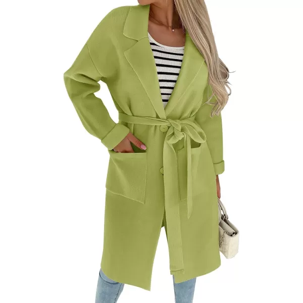 imageZESICA Womens 2023 Fall Winter Long Sleeve Open Front Knit Cardigan Lapel Button Down Belted Sweater Coat with PocketsAvocado