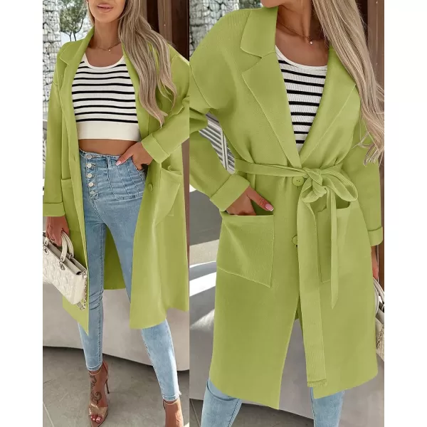 imageZESICA Womens 2023 Fall Winter Long Sleeve Open Front Knit Cardigan Lapel Button Down Belted Sweater Coat with PocketsAvocado