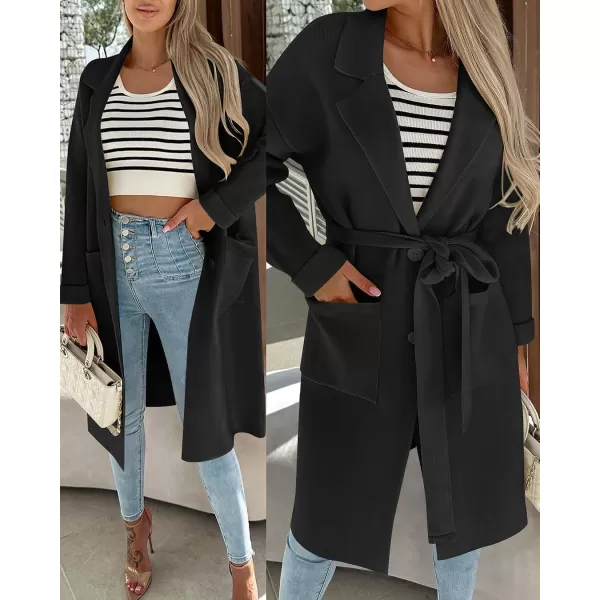 imageZESICA Womens 2023 Fall Winter Long Sleeve Open Front Knit Cardigan Lapel Button Down Belted Sweater Coat with PocketsBlack