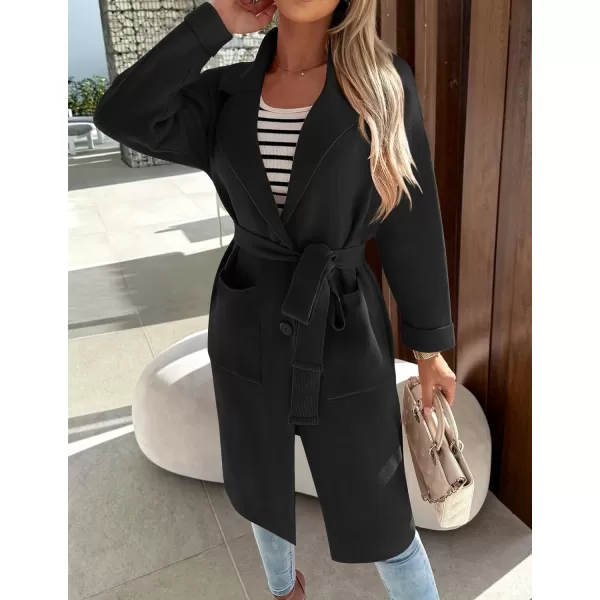 imageZESICA Womens 2023 Fall Winter Long Sleeve Open Front Knit Cardigan Lapel Button Down Belted Sweater Coat with PocketsBlack