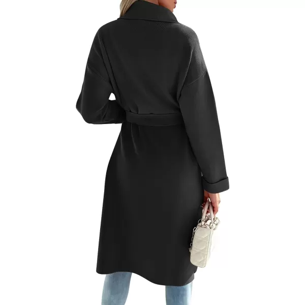imageZESICA Womens 2023 Fall Winter Long Sleeve Open Front Knit Cardigan Lapel Button Down Belted Sweater Coat with PocketsBlack