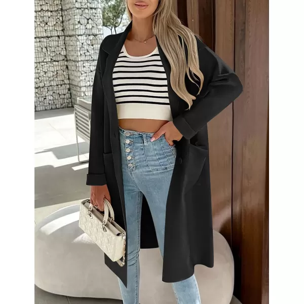 imageZESICA Womens 2023 Fall Winter Long Sleeve Open Front Knit Cardigan Lapel Button Down Belted Sweater Coat with PocketsBlack